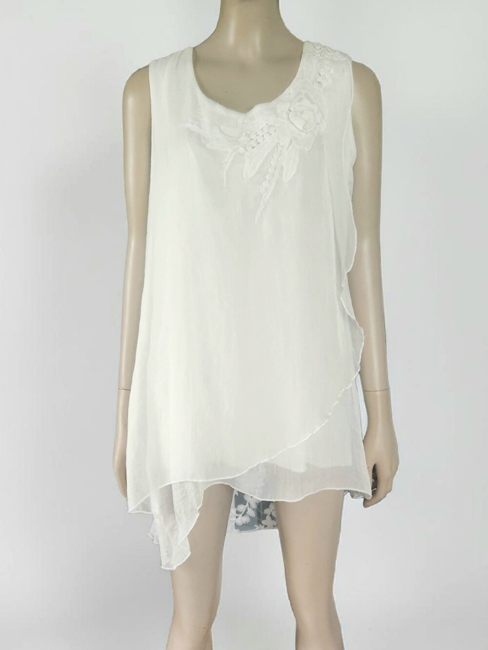 Papa Layered Asymmetric Sleeveless Chiffon Overlay Crochet Tunic Womens M White